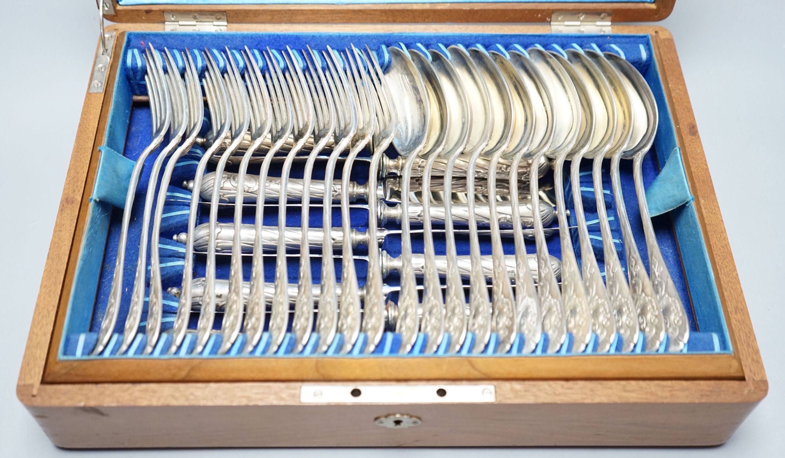 A canteen of German 800 standard cutlery, by Krischner, comprising twelve table forks, twelve table spoons and twelve 800 handles steel table knives